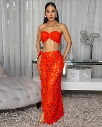 Kadijah Tomatoe Red Bandeau Top & Crochet Cover-Up Skirt Set