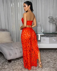 Kadijah Tomatoe Red Bandeau Top & Crochet Cover-Up Skirt Set
