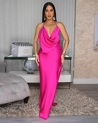 Mademoiselle Fuchsia Draped Halter Maxi Dress