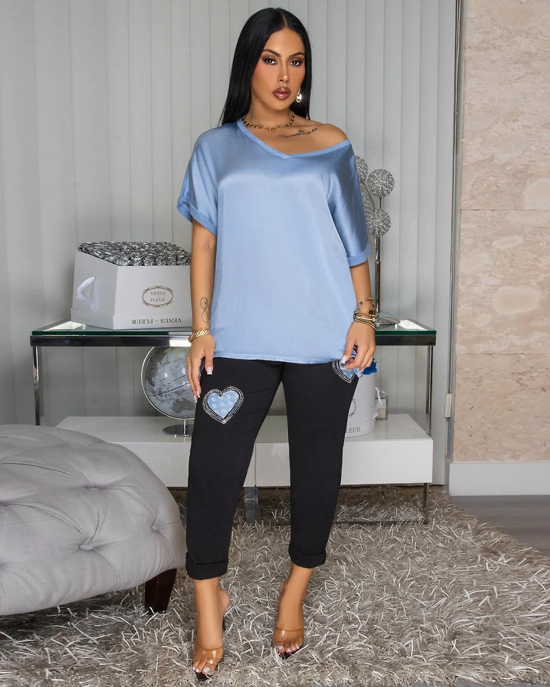 Sannela Slate Blue Silky V-Neckline Top