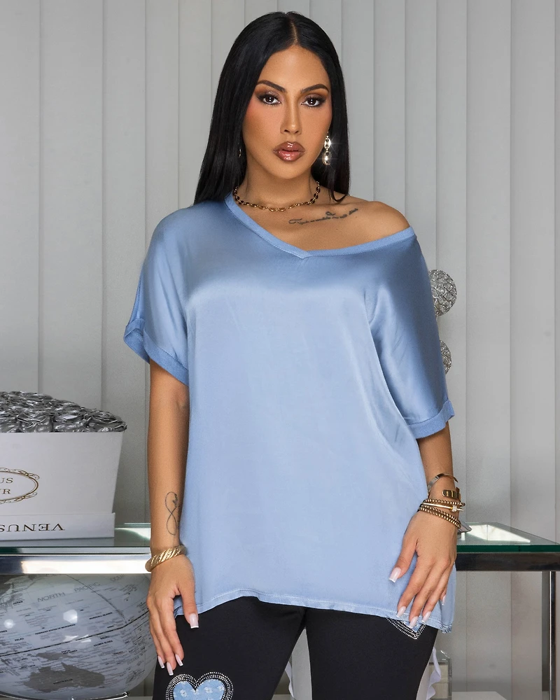 Sannela Slate Blue Silky V-Neckline Top