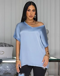 Sannela Slate Blue Silky V-Neckline Top