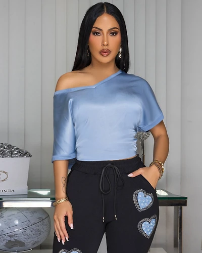 Sannela Slate Blue Silky V-Neckline Top