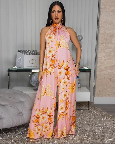 Anjorie Pink Orange Floral Print Silky Halter Jumpsuit