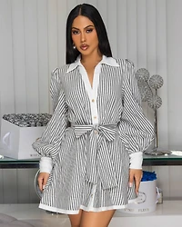 Melita Grey White Stripes Skater Dress