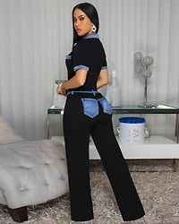 Kylar Black Blue Denim Trim Knit Pants Set