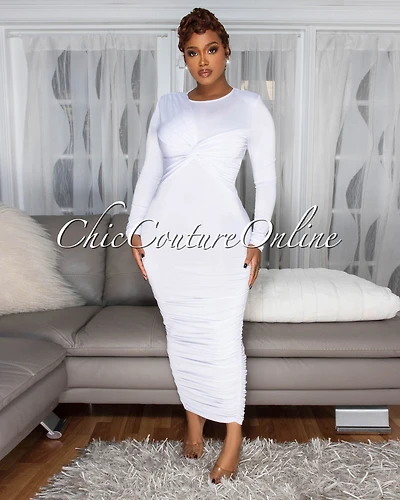 *Razelle White Twist Bust Ruched Midi Dress