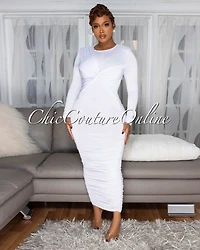 *Razelle White Twist Bust Ruched Midi Dress
