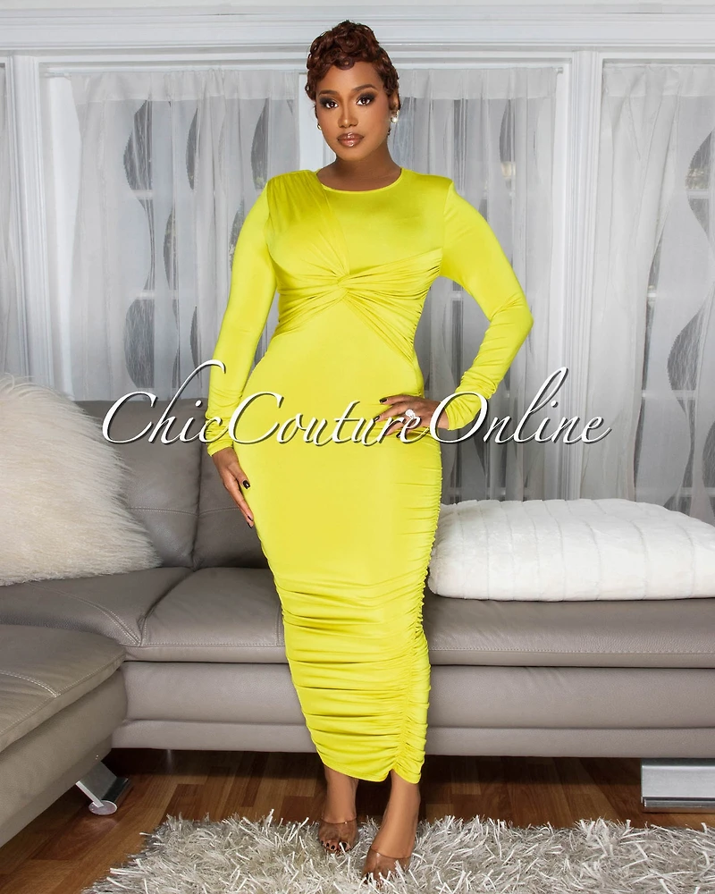 *Razelle Lime Knot Accent Ruched Midi Dress