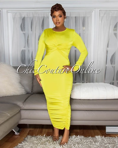*Razelle Lime Knot Accent Ruched Midi Dress