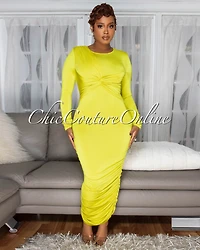 *Razelle Lime Knot Accent Ruched Midi Dress