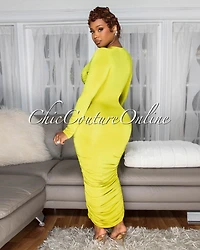 *Razelle Lime Knot Accent Ruched Midi Dress