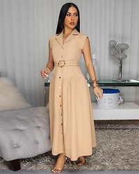 Kahina Nude Belted Midi Dress