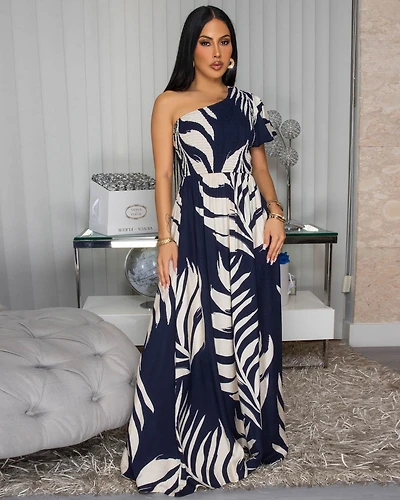 Louanna Navy-Blue Nude Floral Print Single Sleeve Dress