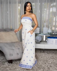 Taneika Cream Blue Print Strapless Jumpsuit