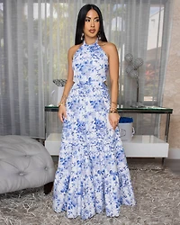 Yvette White Blue Floral Print Open Back Maxi Dress