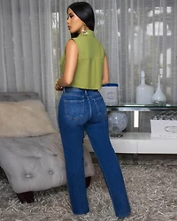 Taliana Olive Green Sleeveless Linen Crop Shirt