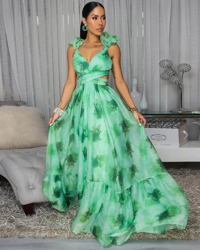Jarielle Green Floral Print Drape Ruffle Maxi Dress