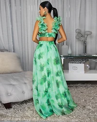 Jarielle Green Floral Print Drape Ruffle Maxi Dress