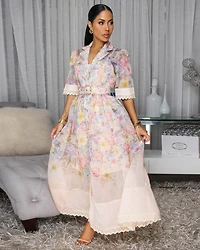Elisha Blush Floral Print Belted Midi Dress