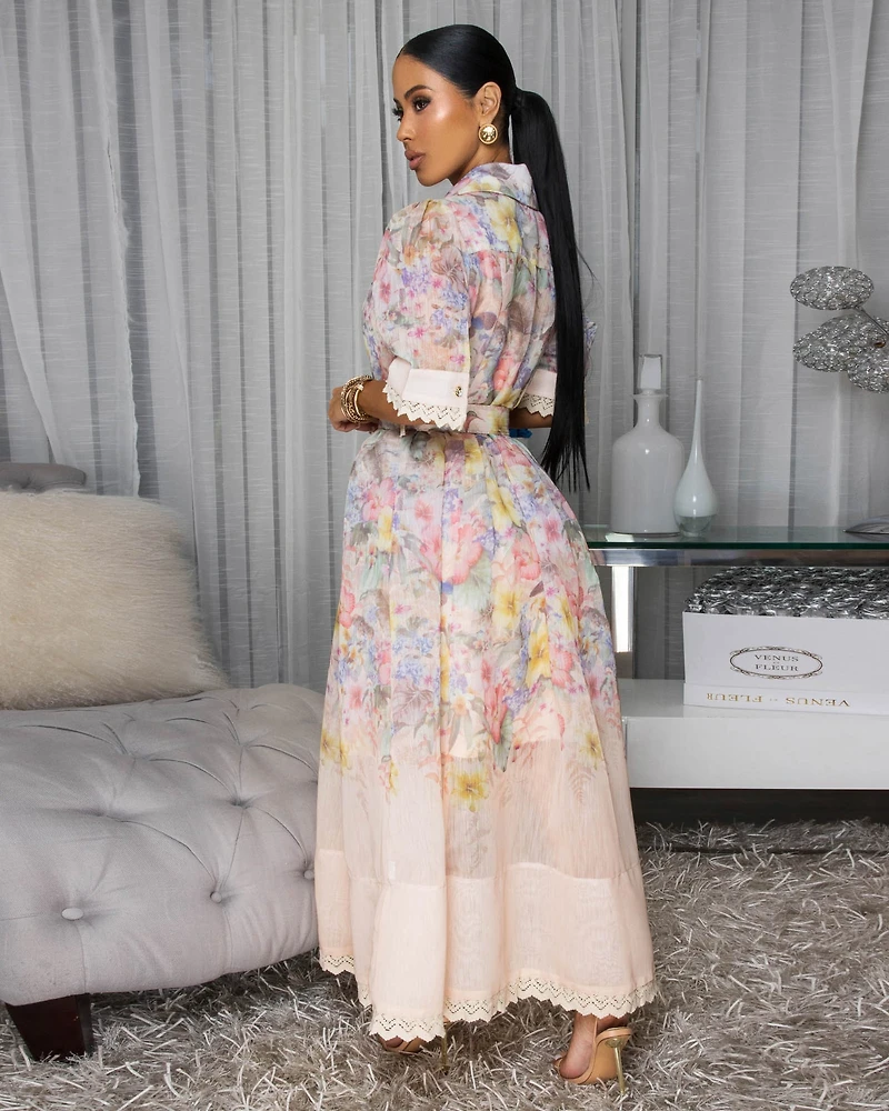 Elisha Blush Floral Print Belted Midi Dress