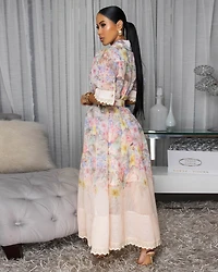 Elisha Blush Floral Print Belted Midi Dress