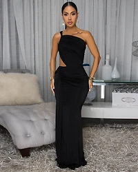 Freida Black Ruched Cut-Out Maxi Dress