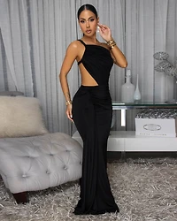 Freida Black Ruched Cut-Out Maxi Dress