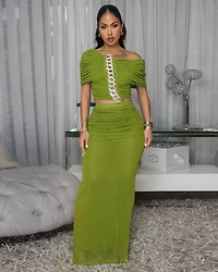 Lawrence Green Mesh Ruched Top & Skirt Set