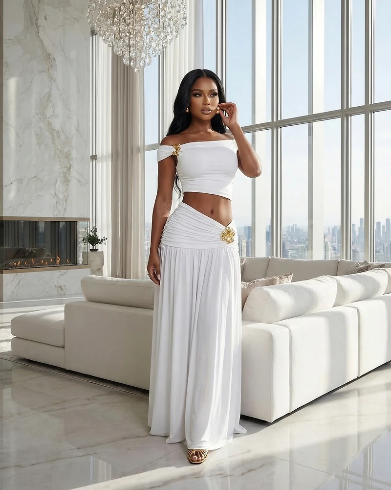 Venezia White Gold Broach Top & Maxi Skirt Set
