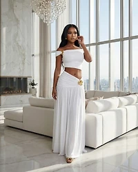 Venezia White Gold Broach Top & Maxi Skirt Set