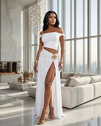 Venezia White Gold Broach Top & Maxi Skirt Set