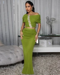 Lawrence Green Mesh Ruched Top & Skirt Set