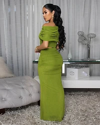 Lawrence Green Mesh Ruched Top & Skirt Set