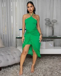 Sabella Kelly-Green Fringe Halter Dress