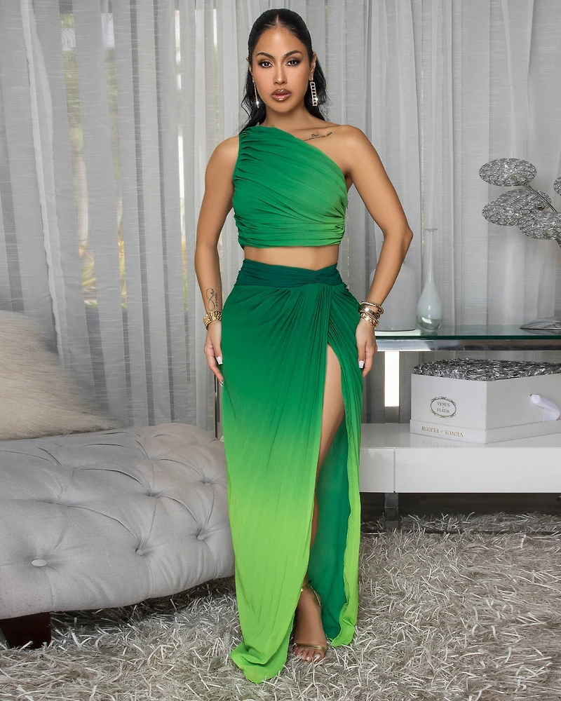 Vola Green Ombre Pleated Top & Skirt Set