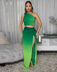 Vola Green Ombre Pleated Top & Skirt Set