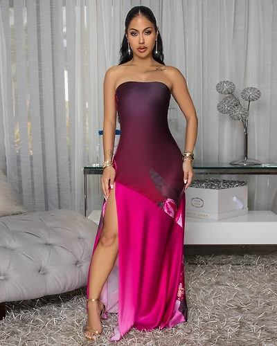 Sashane Magenta Slit Strapless Maxi  Dress