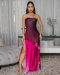 Sashane Magenta Slit Strapless Maxi  Dress
