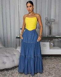 Bruna Dark Denim Blue Tier Maxi Skirt