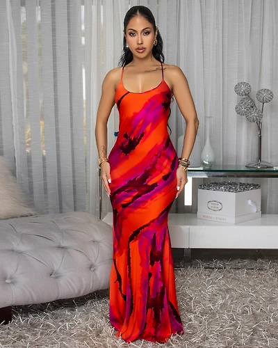 Samida Red Multi-Color Silky Slip Dress