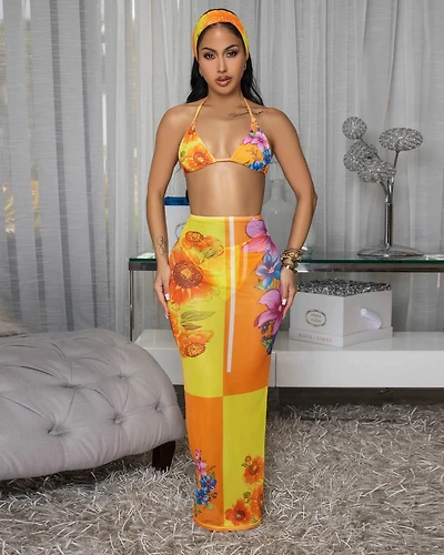 Joeh Orange Multi-Color Mesh 4 Piece Swimsuit Set