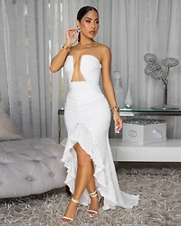 Trinity White Knit Ruffle Hi-Lo Dress
