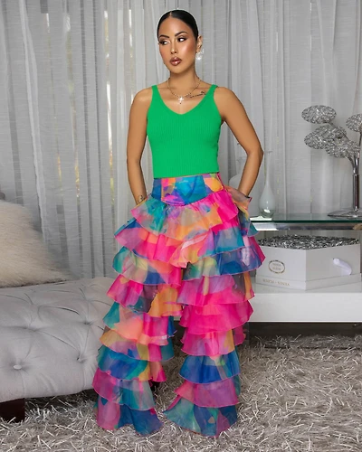 Ariella Fuchsia Organza Multi-Color Ruffle Tiered Pants
