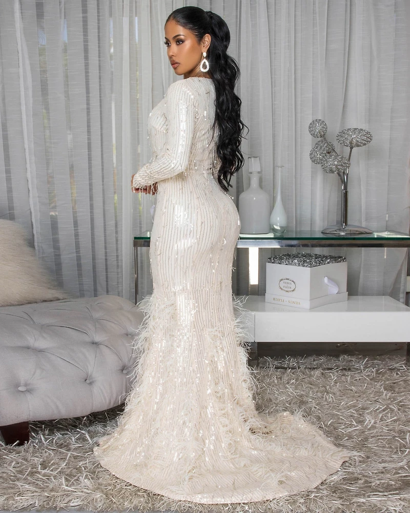 Bahare Champagne Sequins Feather Accent Gown