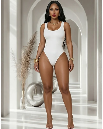 Lucia White V-Back Ribbed LUXE Bodysuit