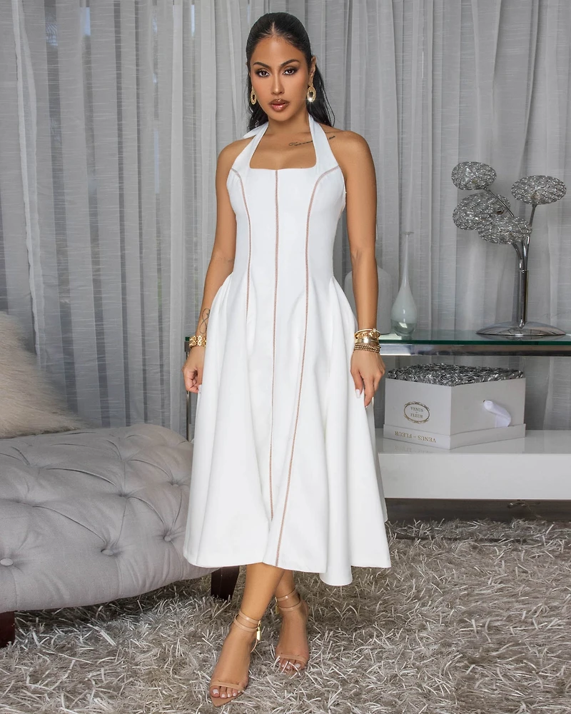 Kensington Off-White Nude Trim Halter LUXE Dress