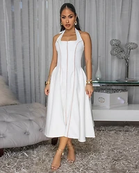 Kensington Off-White Nude Trim Halter LUXE Dress