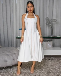 Kensington Off-White Nude Trim Halter LUXE Dress