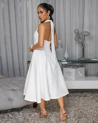 Kensington Off-White Nude Trim Halter LUXE Dress
